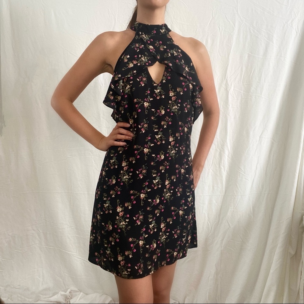 Mock neck floral print mini dress
